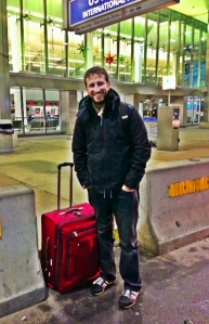 adult son, airport, Philadelphia, luggage, travel, international, airplane, leaving